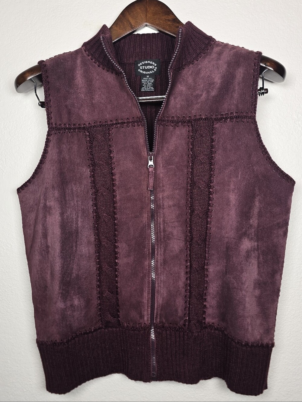Designers Studio Originals Burgundy Suede Leather Knit Zip Vest Medium